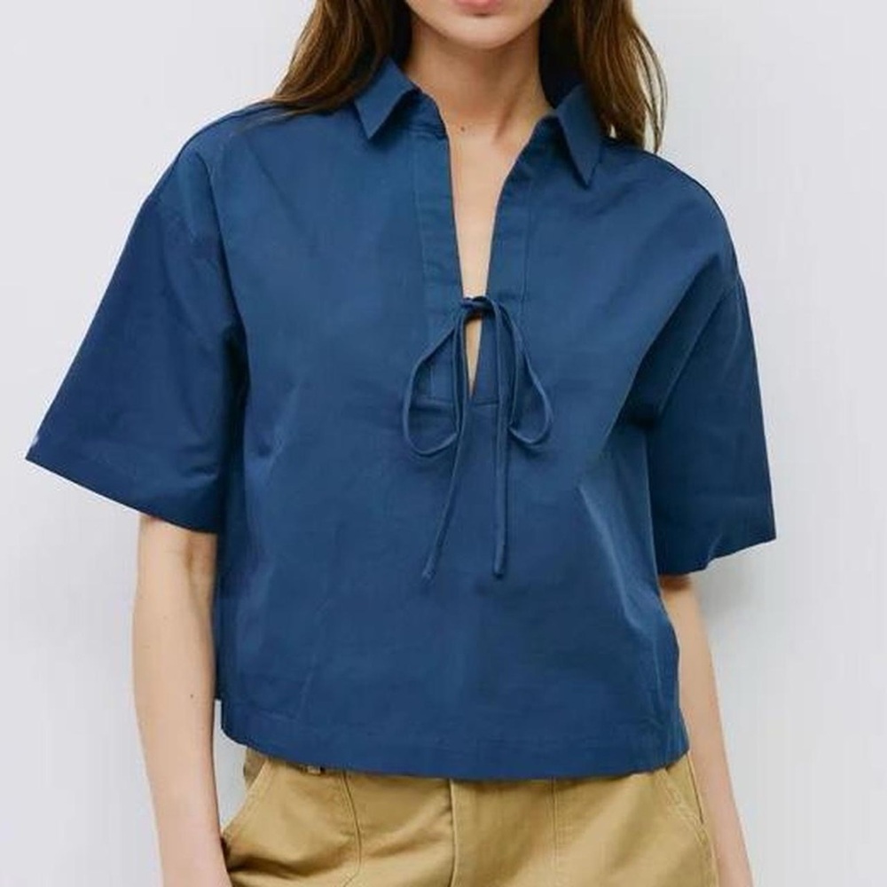 White Mod Ref Tie-Front Collared Short Sleeve Cotton Shirt